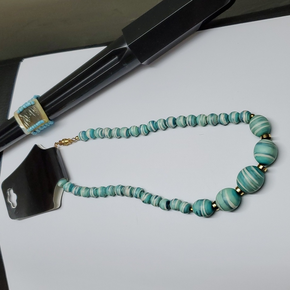 Vintage Turquoise MOP Ring and Striped Bead Necklace with Gold Accents